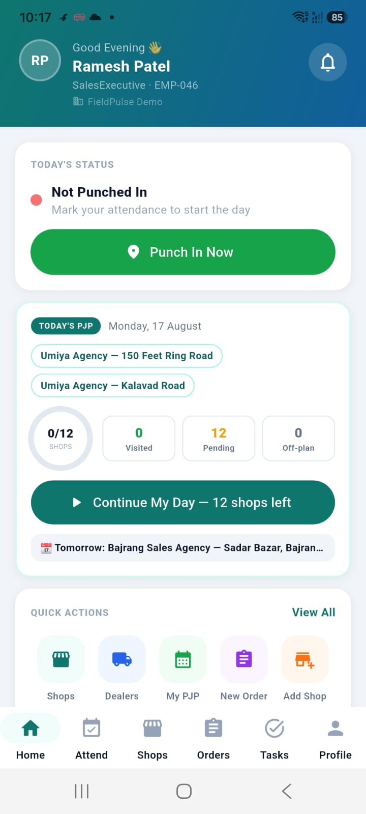 FieldPulse app home screen with one-tap GPS punch-in and today's route plan