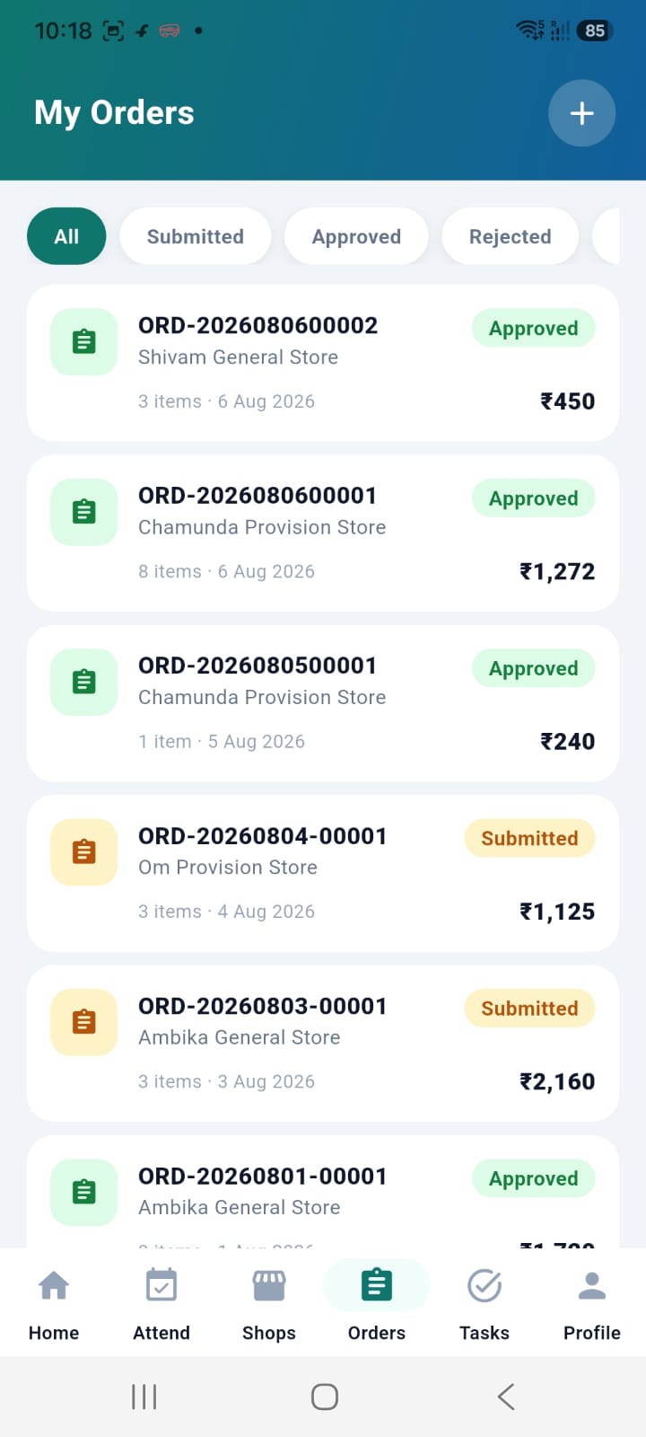 FieldPulse orders list with approval status and order values
