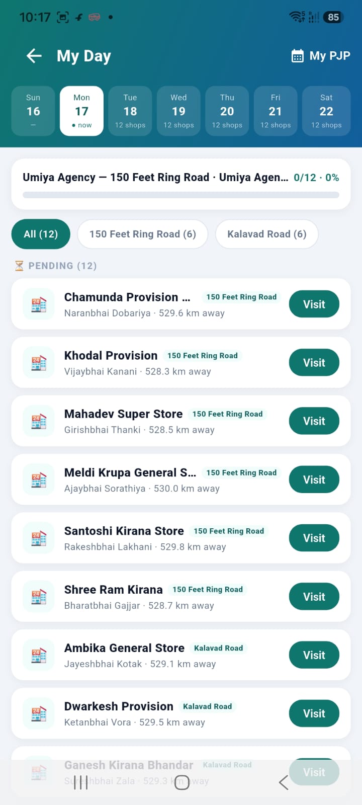 FieldPulse My Day screen guiding the salesperson through the day's planned shop visits